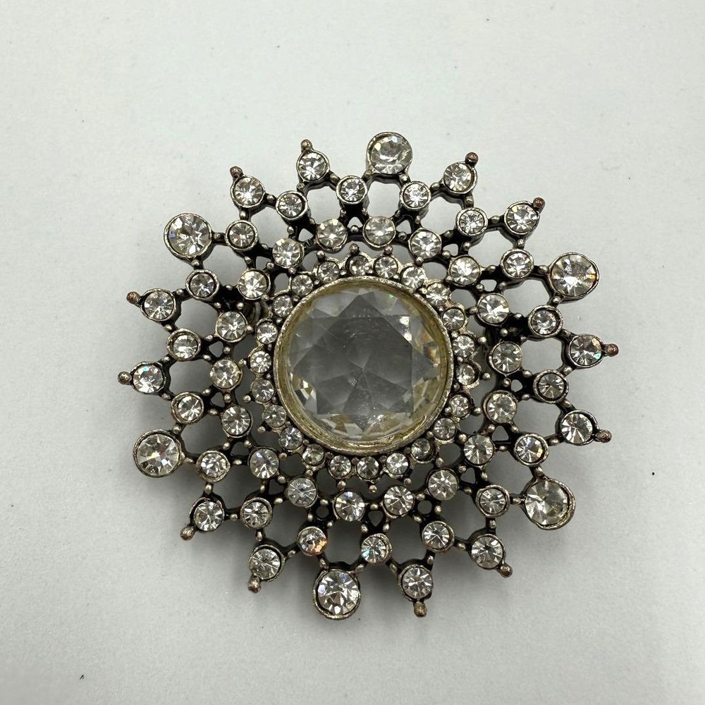 Vintage Sunburst Rhinestone Brooch Antique Silver Tone Starburst Crystal Pin